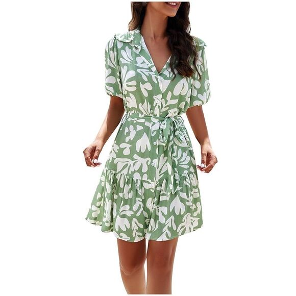 Women's Button Shirt Dress medium sage Casual Summer Collared V Neck Puff Sleeve - Picture 1 of 9